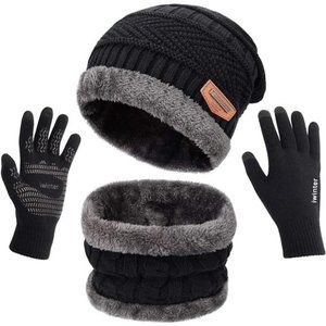 Winter Knit Beanie Hat Neck Warmer Scarf and Touch Screen Gloves Set 3 Pcs